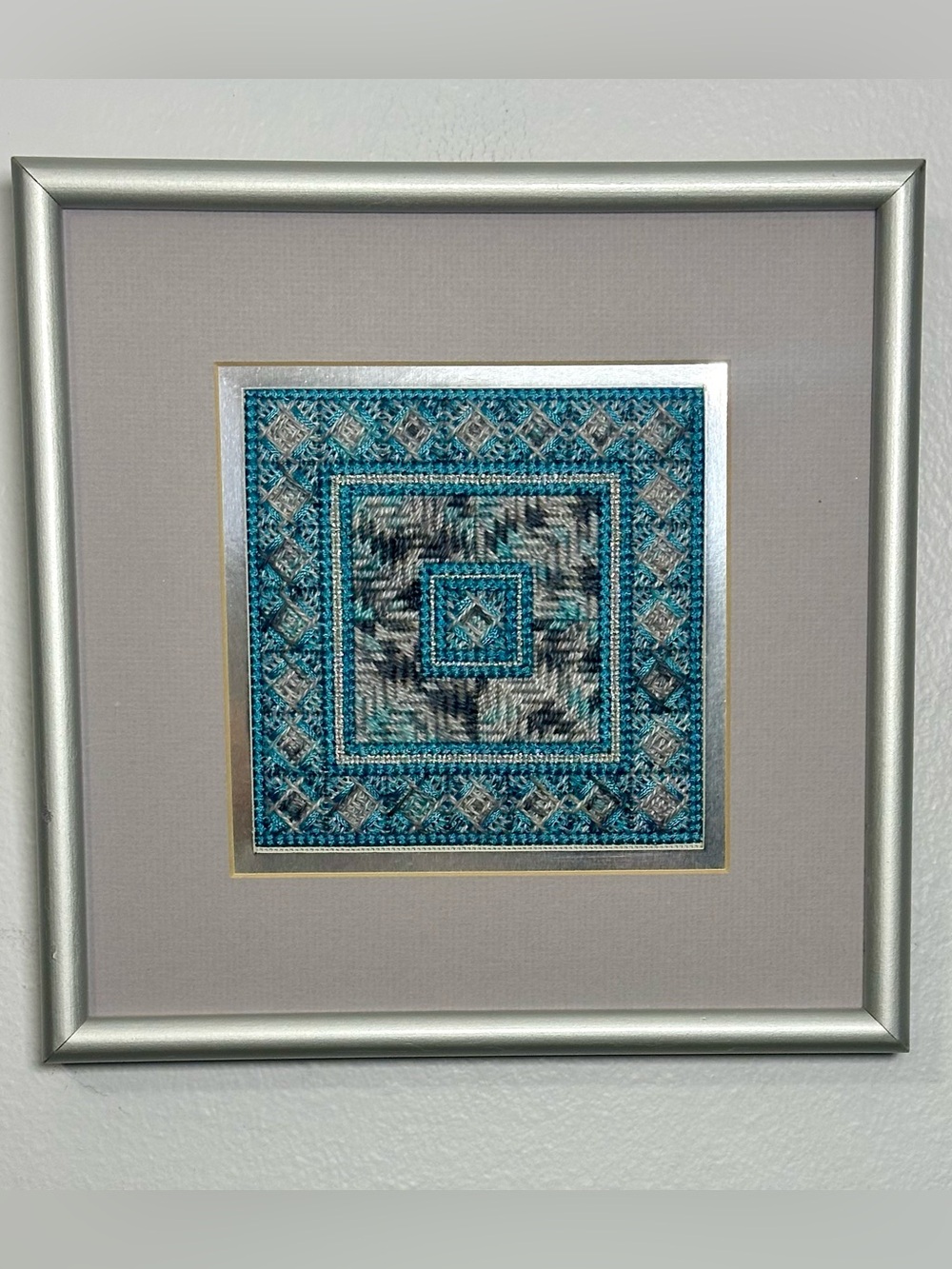 Framed Teal Gray Geometric Yarn Needlepoint Embroidery Wall Art  9 3/4” square